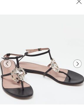 Gucci Black Suede Crystal-Embellished GG Thong Flat Sandals  Size37